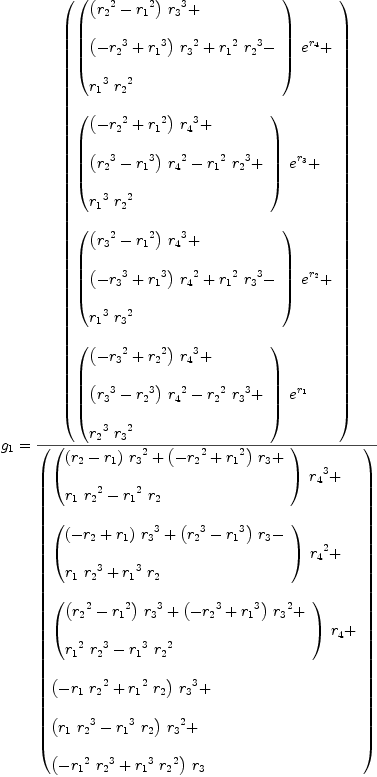 
\label{eq32}\begin{array}{@{}l}
\displaystyle
{g_{1}}={{\left(
\begin{array}{@{}l}
\displaystyle
{{\left({
\begin{array}{@{}l}
\displaystyle
{{\left({{r_{2}}^{2}}-{{r_{1}}^{2}}\right)}\ {{r_{3}}^{3}}}+ \
\
\displaystyle
{{\left(-{{r_{2}}^{3}}+{{r_{1}}^{3}}\right)}\ {{r_{3}}^{2}}}+{{{r_{1}}^{2}}\ {{r_{2}}^{3}}}- 
\
\
\displaystyle
{{{r_{1}}^{3}}\ {{r_{2}}^{2}}}
