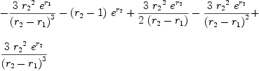 
\label{eq92}\begin{array}{@{}l}
\displaystyle
-{{3 \ {{r_{2}}^{2}}\ {{e}^{r_{1}}}}\over{{\left({r_{2}}-{r_{1}}\right)}^{3}}}-{{\left({r_{2}}- 1 \right)}\ {{e}^{r_{2}}}}+{{3 \ {{r_{2}}^{2}}\ {{e}^{r_{2}}}}\over{2 \ {\left({r_{2}}-{r_{1}}\right)}}}-{{3 \ {{r_{2}}^{2}}\ {{e}^{r_{2}}}}\over{{\left({r_{2}}-{r_{1}}\right)}^{2}}}+ 
\
\
\displaystyle
{{3 \ {{r_{2}}^{2}}\ {{e}^{r_{2}}}}\over{{\left({r_{2}}-{r_{1}}\right)}^{3}}}
