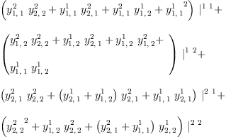 
\label{eq34}\begin{array}{@{}l}
\displaystyle
{{\left({{y_{1, \: 1}^{2}}\ {y_{2, \: 2}^{2}}}+{{y_{1, \: 1}^{1}}\ {y_{2, \: 1}^{2}}}+{{y_{1, \: 1}^{2}}\ {y_{1, \: 2}^{1}}}+{{y_{1, \: 1}^{1}}^{2}}\right)}\ {|_{\ }^{1 \  1}}}+ 
\
\
\displaystyle
{{\left({
\begin{array}{@{}l}
\displaystyle
{{y_{1, \: 2}^{2}}\ {y_{2, \: 2}^{2}}}+{{y_{1, \: 2}^{1}}\ {y_{2, \: 1}^{2}}}+{{y_{1, \: 2}^{1}}\ {y_{1, \: 2}^{2}}}+ 
\
\
\displaystyle
{{y_{1, \: 1}^{1}}\ {y_{1, \: 2}^{1}}}
