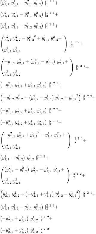 
\label{eq13}\begin{array}{@{}l}
\displaystyle
{{\left({{y_{1, \: 1}^{2}}\ {y_{2, \: 1}^{1}}}-{{y_{1, \: 1}^{2}}\ {y_{1, \: 2}^{1}}}\right)}\ {|_{1}^{1 \  1 \  1}}}+ 
\
\
\displaystyle
{{\left({{y_{1, \: 1}^{2}}\ {y_{2, \: 1}^{2}}}-{{y_{1, \: 1}^{2}}\ {y_{1, \: 2}^{2}}}\right)}\ {|_{2}^{1 \  1 \  1}}}+ 
\
\
\displaystyle
{{\left({{y_{1, \: 1}^{2}}\ {y_{2, \: 2}^{1}}}-{{y_{1, \: 2}^{1}}\ {y_{1, \: 2}^{2}}}\right)}\ {|_{1}^{1 \  1 \  2}}}+ 
\
\
\displaystyle
{{\left({
\begin{array}{@{}l}
\displaystyle
{{y_{1, \: 1}^{2}}\ {y_{2, \: 2}^{2}}}-{{y_{1, \: 2}^{2}}^{2}}+{{y_{1, \: 1}^{1}}\ {y_{1, \: 2}^{2}}}- 
\
\
\displaystyle
{{y_{1, \: 1}^{2}}\ {y_{1, \: 2}^{1}}}
