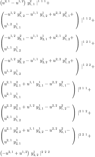 
\label{eq22}\begin{array}{@{}l}
\displaystyle
{{\left({u^{2, \: 1}}-{u^{1, \: 2}}\right)}\ {y_{1, \: 1}^{2}}\ {|_{\ }^{1 \  1 \  1}}}+ 
\
\
\displaystyle
{{\left({
\begin{array}{@{}l}
\displaystyle
-{{u^{1, \: 2}}\ {y_{1, \: 2}^{2}}}-{{u^{1, \: 1}}\ {y_{1, \: 2}^{1}}}+{{u^{2, \: 2}}\ {y_{1, \: 1}^{2}}}+ 
\
\
\displaystyle
{{u^{1, \: 2}}\ {y_{1, \: 1}^{1}}}
