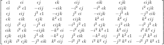 
\label{eq32}\left[ 
\begin{array}{cccccccc}
�� 1 & �� i & �� j & �� k & �� ij & �� ik & �� jk & �� ijk 
\
�� i &{{i^{2}}\  �� 1}& - �� ij & - �� ik & -{{i^{2}}\  �� j}& -{{i^{2}}\  �� k}& �� ijk &{{i^{2}}\  �� jk}
\
�� j & �� ij &{{j^{2}}\  �� 1}& - �� jk &{{j^{2}}\  �� i}& - �� ijk & -{{j^{2}}\  �� k}& -{{j^{2}}\  �� ik}
\
�� k & �� ik & �� jk &{{k^{2}}\  �� 1}& �� ijk &{{k^{2}}\  �� i}&{{k^{2}}\  �� j}&{{k^{2}}\  �� ij}
\
�� ij &{{i^{2}}\  �� j}& -{{j^{2}}\  �� i}& �� ijk & -{{i^{2}}\ {j^{2}}\  �� 1}&{{i^{2}}\  �� jk}& -{{j^{2}}\  �� ik}& -{{i^{2}}\ {j^{2}}\  �� k}
\
�� ik &{{i^{2}}\  �� k}& - �� ijk & -{{k^{2}}\  �� i}& -{{i^{2}}\  �� jk}& -{{i^{2}}\ {k^{2}}\  �� 1}&{{k^{2}}\  �� ij}&{{i^{2}}\ {k^{2}}\  �� j}
\
�� jk & �� ijk &{{j^{2}}\  �� k}& -{{k^{2}}\  �� j}&{{j^{2}}\  �� ik}& -{{k^{2}}\  �� ij}& -{{j^{2}}\ {k^{2}}\  �� 1}& -{{j^{2}}\ {k^{2}}\  �� i}
\
�� ijk &{{i^{2}}\  �� jk}& -{{j^{2}}\  �� ik}&{{k^{2}}\  �� ij}& -{{i^{2}}\ {j^{2}}\  �� k}&{{i^{2}}\ {k^{2}}\  �� j}& -{{j^{2}}\ {k^{2}}\  �� i}& -{{i^{2}}\ {j^{2}}\ {k^{2}}\  �� 1}
