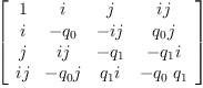 
\label{eq6}\left[ 
\begin{array}{cccc}
1 & i & j &{ij}
\
i & -{q_{0}}& -{ij}&{{q_{0}}j}
\
j &{ij}& -{q_{1}}&{-{q_{1}}i}
\
{ij}&{-{q_{0}}j}&{{q_{1}}i}& -{{q_{0}}\ {q_{1}}}
