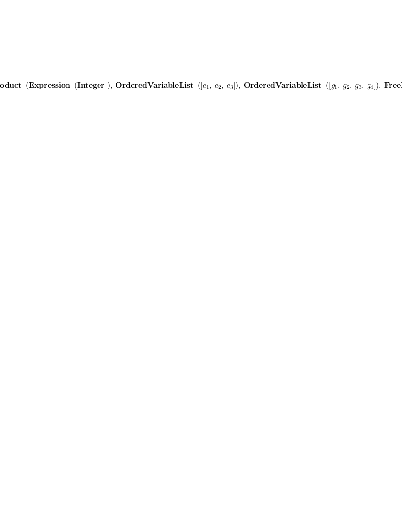 
\label{eq10}\hbox{\axiomType{TensorProduct}\ } \left({{\hbox{\axiomType{Expression}\ } \left({\hbox{\axiomType{Integer}\ }}\right)}, \:{\hbox{\axiomType{OrderedVariableList}\ } \left({\left[{e_{1}}, \:{e_{2}}, \:{e_{3}}\right]}\right)}, \:{\hbox{\axiomType{OrderedVariableList}\ } \left({\left[{g_{1}}, \:{g_{2}}, \:{g_{3}}, \:{g_{4}}\right]}\right)}, \:{\hbox{\axiomType{FreeModule}\ } \left({{\hbox{\axiomType{Expression}\ } \left({\hbox{\axiomType{Integer}\ }}\right)}, \:{\hbox{\axiomType{OrderedVariableList}\ } \left({\left[{e_{1}}, \:{e_{2}}, \:{e_{3}}\right]}\right)}}\right)}, \:{\hbox{\axiomType{FreeModule}\ } \left({{\hbox{\axiomType{Expression}\ } \left({\hbox{\axiomType{Integer}\ }}\right)}, \:{\hbox{\axiomType{OrderedVariableList}\ } \left({\left[{g_{1}}, \:{g_{2}}, \:{g_{3}}, \:{g_{4}}\right]}\right)}}\right)}}\right)