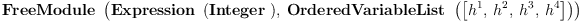 
\label{eq9}\hbox{\axiomType{FreeModule}\ } \left({{\hbox{\axiomType{Expression}\ } \left({\hbox{\axiomType{Integer}\ }}\right)}, \:{\hbox{\axiomType{OrderedVariableList}\ } \left({\left[{h^{1}}, \:{h^{2}}, \:{h^{3}}, \:{h^{4}}\right]}\right)}}\right)