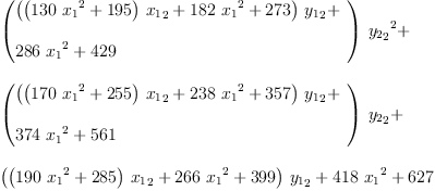 
\label{eq25}\begin{array}{@{}l}
\displaystyle
{{\left({
\begin{array}{@{}l}
\displaystyle
{{\left({{\left({{130}\ {{x_{1}}^{2}}}+{195}\right)}\ {{x_{1}}_{2}}}+{{182}\ {{x_{1}}^{2}}}+{273}\right)}\ {{y_{1}}_{2}}}+ 
\
\
\displaystyle
{{286}\ {{x_{1}}^{2}}}+{429}
