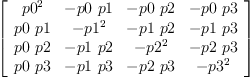 
\label{eq23}\left[ 
\begin{array}{cccc}
{{p 0}^{2}}& -{p 0 \  p 1}& -{p 0 \  p 2}& -{p 0 \  p 3}
\
{p 0 \  p 1}& -{{p 1}^{2}}& -{p 1 \  p 2}& -{p 1 \  p 3}
\
{p 0 \  p 2}& -{p 1 \  p 2}& -{{p 2}^{2}}& -{p 2 \  p 3}
\
{p 0 \  p 3}& -{p 1 \  p 3}& -{p 2 \  p 3}& -{{p 3}^{2}}
