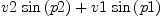 
\label{eq1}{v 2 \ {\sin \left({p 2}\right)}}+{v 1 \ {\sin \left({p 1}\right)}}