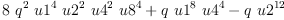 
\label{eq4}{8 \ {{q}^{2}}\ {{u 1}^{4}}\ {{u 2}^{2}}\ {{u 4}^{2}}\ {{u 8}^{4}}}+{q \ {{u 1}^{8}}\ {{u 4}^{4}}}-{q \ {{u 2}^{12}}}