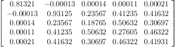 
\label{eq25}\left[ 
\begin{array}{ccccc}
{0.81321}& -{0.00013}&{0.00014}&{0.00011}&{0.00021}
\
-{0.00013}&{0.93125}&{0.23567}&{0.41235}&{0.41632}
\
{0.00014}&{0.23567}&{0.18765}&{0.50632}&{0.30697}
\
{0.00011}&{0.41235}&{0.50632}&{0.27605}&{0.46322}
\
{0.00021}&{0.41632}&{0.30697}&{0.46322}&{0.41931}
