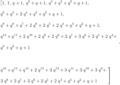 
\label{eq3}\begin{array}{@{}l}
\displaystyle
\left[ 1, \: 1, \:{q + 1}, \:{{{q}^{2}}+ q + 1}, \:{{{q}^{4}}+{{q}^{3}}+{{q}^{2}}+ q + 1}, \: \right.
\
\
\displaystyle
\left.{{{q}^{6}}+{{q}^{5}}+{2 \ {{q}^{4}}}+{{q}^{3}}+{{q}^{2}}+ q + 1}, \: \right.
\
\
\displaystyle
\left.{{{q}^{9}}+{{q}^{8}}+{{q}^{7}}+{2 \ {{q}^{6}}}+{2 \ {{q}^{5}}}+{2 \ {{q}^{4}}}+{{q}^{3}}+{{q}^{2}}+ q + 1}, \: \right.
\
\
\displaystyle
\left.{
\begin{array}{@{}l}
\displaystyle
{{q}^{12}}+{{q}^{11}}+{2 \ {{q}^{10}}}+{2 \ {{q}^{9}}}+{2 \ {{q}^{8}}}+{2 \ {{q}^{7}}}+{3 \ {{q}^{6}}}+{2 \ {{q}^{5}}}+{2 \ {{q}^{4}}}+ 
\
\
\displaystyle
{{q}^{3}}+{{q}^{2}}+ q + 1 
