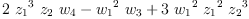 
\label{eq13}{2 \ {{z_{1}}^{3}}\ {z_{2}}\ {w_{4}}}-{{{w_{1}}^{2}}\ {w_{3}}}+{3 \ {{w_{1}}^{2}}\ {{z_{1}}^{2}}\ {{z_{2}}^{3}}}