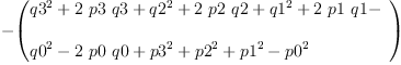 
\label{eq67}\begin{array}{@{}l}
\displaystyle
-{\left({
\begin{array}{@{}l}
\displaystyle
{{q 3}^{2}}+{2 \  p 3 \  q 3}+{{q 2}^{2}}+{2 \  p 2 \  q 2}+{{q 1}^{2}}+{2 \  p 1 \  q 1}- 
\
\
\displaystyle
{{q 0}^{2}}-{2 \  p 0 \  q 0}+{{p 3}^{2}}+{{p 2}^{2}}+{{p 1}^{2}}-{{p 0}^{2}}
