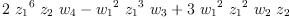 
\label{eq16}{2 \ {{z_{1}}^{6}}\ {z_{2}}\ {w_{4}}}-{{{w_{1}}^{2}}\ {{z_{1}}^{3}}\ {w_{3}}}+{3 \ {{w_{1}}^{2}}\ {{z_{1}}^{2}}\ {w_{2}}\ {z_{2}}}