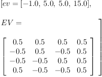 
\label{eq17}\begin{array}{@{}l}
\displaystyle
\left[{ev ={\left[ -{1.0}, \:{5.0}, \:{5.0}, \:{15.0}\right]}}, \: \right.
\
\
\displaystyle
\left.{
\begin{array}{@{}l}
\displaystyle
EV = 
\
\
\displaystyle
{\left[ 
\begin{array}{cccc}
{0.5}&{0.5}&{0.5}&{0.5}
\
-{0.5}&{0.5}& -{0.5}&{0.5}
\
-{0.5}& -{0.5}&{0.5}&{0.5}
\
{0.5}& -{0.5}& -{0.5}&{0.5}
