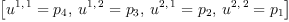 
\label{eq18}\left[{{u^{1, \: 1}}={p_{4}}}, \:{{u^{1, \: 2}}={p_{3}}}, \:{{u^{2, \: 1}}={p_{2}}}, \:{{u^{2, \: 2}}={p_{1}}}\right]