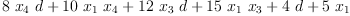 
\label{eq7}{8 \ {x_{4}}\  d}+{{10}\ {x_{1}}\ {x_{4}}}+{{12}\ {x_{3}}\  d}+{{15}\ {x_{1}}\ {x_{3}}}+{4 \  d}+{5 \ {x_{1}}}