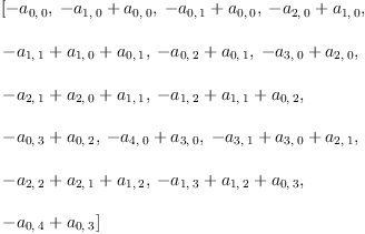 
\label{eq20}\begin{array}{@{}l}
\displaystyle
\left[ -{a_{0, \: 0}}, \:{-{a_{1, \: 0}}+{a_{0, \: 0}}}, \:{-{a_{0, \: 1}}+{a_{0, \: 0}}}, \:{-{a_{2, \: 0}}+{a_{1, \: 0}}}, \: \right.
\
\
\displaystyle
\left.{-{a_{1, \: 1}}+{a_{1, \: 0}}+{a_{0, \: 1}}}, \:{-{a_{0, \: 2}}+{a_{0, \: 1}}}, \:{-{a_{3, \: 0}}+{a_{2, \: 0}}}, \: \right.
\
\
\displaystyle
\left.{-{a_{2, \: 1}}+{a_{2, \: 0}}+{a_{1, \: 1}}}, \:{-{a_{1, \: 2}}+{a_{1, \: 1}}+{a_{0, \: 2}}}, \: \right.
\
\
\displaystyle
\left.{-{a_{0, \: 3}}+{a_{0, \: 2}}}, \:{-{a_{4, \: 0}}+{a_{3, \: 0}}}, \:{-{a_{3, \: 1}}+{a_{3, \: 0}}+{a_{2, \: 1}}}, \: \right.
\
\
\displaystyle
\left.{-{a_{2, \: 2}}+{a_{2, \: 1}}+{a_{1, \: 2}}}, \:{-{a_{1, \: 3}}+{a_{1, \: 2}}+{a_{0, \: 3}}}, \: \right.
\
\
\displaystyle
\left.{-{a_{0, \: 4}}+{a_{0, \: 3}}}\right] 
