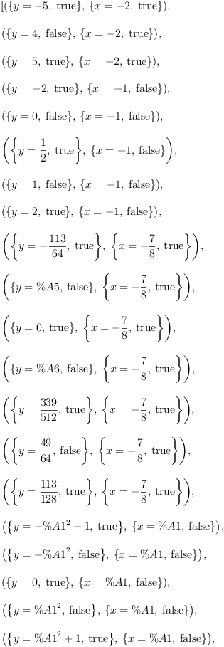 
\label{eq6}\begin{array}{@{}l}
\displaystyle
\left[{\left({\left\{{y = - 5}, \:  \mbox{\rm true} \right\}}, \:{\left\{{x = - 2}, \:  \mbox{\rm true} \right\}}\right)}, \: \right.
\
\
\displaystyle
\left.{\left({\left\{{y = 4}, \:  \mbox{\rm false} \right\}}, \:{\left\{{x = - 2}, \:  \mbox{\rm true} \right\}}\right)}, \: \right.
\
\
\displaystyle
\left.{\left({\left\{{y = 5}, \:  \mbox{\rm true} \right\}}, \:{\left\{{x = - 2}, \:  \mbox{\rm true} \right\}}\right)}, \: \right.
\
\
\displaystyle
\left.{\left({\left\{{y = - 2}, \:  \mbox{\rm true} \right\}}, \:{\left\{{x = - 1}, \:  \mbox{\rm false} \right\}}\right)}, \: \right.
\
\
\displaystyle
\left.{\left({\left\{{y = 0}, \:  \mbox{\rm false} \right\}}, \:{\left\{{x = - 1}, \:  \mbox{\rm false} \right\}}\right)}, \: \right.
\
\
\displaystyle
\left.{\left({\left\{{y ={\frac{1}{2}}}, \:  \mbox{\rm true} \right\}}, \:{\left\{{x = - 1}, \:  \mbox{\rm false} \right\}}\right)}, \: \right.
\
\
\displaystyle
\left.{\left({\left\{{y = 1}, \:  \mbox{\rm false} \right\}}, \:{\left\{{x = - 1}, \:  \mbox{\rm false} \right\}}\right)}, \: \right.
\
\
\displaystyle
\left.{\left({\left\{{y = 2}, \:  \mbox{\rm true} \right\}}, \:{\left\{{x = - 1}, \:  \mbox{\rm false} \right\}}\right)}, \: \right.
\
\
\displaystyle
\left.{\left({\left\{{y = -{\frac{113}{64}}}, \:  \mbox{\rm true} \right\}}, \:{\left\{{x = -{\frac{7}{8}}}, \:  \mbox{\rm true} \right\}}\right)}, \: \right.
\
\
\displaystyle
\left.{\left({\left\{{y ={\%A 5}}, \:  \mbox{\rm false} \right\}}, \:{\left\{{x = -{\frac{7}{8}}}, \:  \mbox{\rm true} \right\}}\right)}, \: \right.
\
\
\displaystyle
\left.{\left({\left\{{y = 0}, \:  \mbox{\rm true} \right\}}, \:{\left\{{x = -{\frac{7}{8}}}, \:  \mbox{\rm true} \right\}}\right)}, \: \right.
\
\
\displaystyle
\left.{\left({\left\{{y ={\%A 6}}, \:  \mbox{\rm false} \right\}}, \:{\left\{{x = -{\frac{7}{8}}}, \:  \mbox{\rm true} \right\}}\right)}, \: \right.
\
\
\displaystyle
\left.{\left({\left\{{y ={\frac{339}{512}}}, \:  \mbox{\rm true} \right\}}, \:{\left\{{x = -{\frac{7}{8}}}, \:  \mbox{\rm true} \right\}}\right)}, \: \right.
\
\
\displaystyle
\left.{\left({\left\{{y ={\frac{49}{64}}}, \:  \mbox{\rm false} \right\}}, \:{\left\{{x = -{\frac{7}{8}}}, \:  \mbox{\rm true} \right\}}\right)}, \: \right.
\
\
\displaystyle
\left.{\left({\left\{{y ={\frac{113}{128}}}, \:  \mbox{\rm true} \right\}}, \:{\left\{{x = -{\frac{7}{8}}}, \:  \mbox{\rm true} \right\}}\right)}, \: \right.
\
\
\displaystyle
\left.{\left({\left\{{y ={-{{\%A 1}^{2}}- 1}}, \:  \mbox{\rm true} \right\}}, \:{\left\{{x ={\%A 1}}, \:  \mbox{\rm false} \right\}}\right)}, \: \right.
\
\
\displaystyle
\left.{\left({\left\{{y = -{{\%A 1}^{2}}}, \:  \mbox{\rm false} \right\}}, \:{\left\{{x ={\%A 1}}, \:  \mbox{\rm false} \right\}}\right)}, \: \right.
\
\
\displaystyle
\left.{\left({\left\{{y = 0}, \:  \mbox{\rm true} \right\}}, \:{\left\{{x ={\%A 1}}, \:  \mbox{\rm false} \right\}}\right)}, \: \right.
\
\
\displaystyle
\left.{\left({\left\{{y ={{\%A 1}^{2}}}, \:  \mbox{\rm false} \right\}}, \:{\left\{{x ={\%A 1}}, \:  \mbox{\rm false} \right\}}\right)}, \: \right.
\
\
\displaystyle
\left.{\left({\left\{{y ={{{\%A 1}^{2}}+ 1}}, \:  \mbox{\rm true} \right\}}, \:{\left\{{x ={\%A 1}}, \:  \mbox{\rm false} \right\}}\right)}, \: \right.
\
\
\displaystyle
\left.{\left({\left\{{y = - 2}, \:  \mbox{\rm true} \right\}}, \:{\left\{{x = 0}, \:  \mbox{\rm true} \right\}}\right)}, \: \right.
\
\
\displaystyle
\left.{\left({\left\{{y ={\%A 7}}, \:  \mbox{\rm false} \right\}}, \:{\left\{{x = 0}, \:  \mbox{\rm true} \right\}}\right)}, \: \right.
\
\
\displaystyle
\left.{\left({\left\{{y = -{\frac{1}{2}}}, \:  \mbox{\rm true} \right\}}, \:{\left\{{x = 0}, \:  \mbox{\rm true} \right\}}\right)}, \: \right.
\
\
\displaystyle
\left.{\left({\left\{{y = 0}, \:  \mbox{\rm false} \right\}}, \:{\left\{{x = 0}, \:  \mbox{\rm true} \right\}}\right)}, \: \right.
\
\
\displaystyle
\left.{\left({\left\{{y ={\frac{1}{2}}}, \:  \mbox{\rm true} \right\}}, \:{\left\{{x = 0}, \:  \mbox{\rm true} \right\}}\right)}, \: \right.
\
\
\displaystyle
\left.{\left({\left\{{y ={\%A 8}}, \:  \mbox{\rm false} \right\}}, \:{\left\{{x = 0}, \:  \mbox{\rm true} \right\}}\right)}, \: \right.
\
\
\displaystyle
\left.{\left({\left\{{y = 2}, \:  \mbox{\rm true} \right\}}, \:{\left\{{x = 0}, \:  \mbox{\rm true} \right\}}\right)}, \: \right.
\
\
\displaystyle
\left.{\left({\left\{{y ={-{{\%A 2}^{2}}- 1}}, \:  \mbox{\rm true} \right\}}, \:{\left\{{x ={\%A 2}}, \:  \mbox{\rm false} \right\}}\right)}, \: \right.
\
\
\displaystyle
\left.{\left({\left\{{y = -{{\%A 2}^{2}}}, \:  \mbox{\rm false} \right\}}, \:{\left\{{x ={\%A 2}}, \:  \mbox{\rm false} \right\}}\right)}, \: \right.
\
\
\displaystyle
\left.{\left({\left\{{y = 0}, \:  \mbox{\rm true} \right\}}, \:{\left\{{x ={\%A 2}}, \:  \mbox{\rm false} \right\}}\right)}, \: \right.
\
\
\displaystyle
\left.{\left({\left\{{y ={{\%A 2}^{2}}}, \:  \mbox{\rm false} \right\}}, \:{\left\{{x ={\%A 2}}, \:  \mbox{\rm false} \right\}}\right)}, \: \right.
\
\
\displaystyle
\left.{\left({\left\{{y ={{{\%A 2}^{2}}+ 1}}, \:  \mbox{\rm true} \right\}}, \:{\left\{{x ={\%A 2}}, \:  \mbox{\rm false} \right\}}\right)}, \: \right.
\
\
\displaystyle
\left.{\left({\left\{{y = -{\frac{113}{64}}}, \:  \mbox{\rm true} \right\}}, \:{\left\{{x ={\frac{7}{8}}}, \:  \mbox{\rm true} \right\}}\right)}, \: \right.
\
\
\displaystyle
\left.{\left({\left\{{y ={\%A 9}}, \:  \mbox{\rm false} \right\}}, \:{\left\{{x ={\frac{7}{8}}}, \:  \mbox{\rm true} \right\}}\right)}, \: \right.
\
\
\displaystyle
\left.{\left({\left\{{y = 0}, \:  \mbox{\rm true} \right\}}, \:{\left\{{x ={\frac{7}{8}}}, \:  \mbox{\rm true} \right\}}\right)}, \: \right.
\
\
\displaystyle
\left.{\left({\left\{{y ={\%A{10}}}, \:  \mbox{\rm false} \right\}}, \:{\left\{{x ={\frac{7}{8}}}, \:  \mbox{\rm true} \right\}}\right)}, \: \right.
\
\
\displaystyle
\left.{\left({\left\{{y ={\frac{339}{512}}}, \:  \mbox{\rm true} \right\}}, \:{\left\{{x ={\frac{7}{8}}}, \:  \mbox{\rm true} \right\}}\right)}, \: \right.
\
\
\displaystyle
\left.{\left({\left\{{y ={\frac{49}{64}}}, \:  \mbox{\rm false} \right\}}, \:{\left\{{x ={\frac{7}{8}}}, \:  \mbox{\rm true} \right\}}\right)}, \: \right.
\
\
\displaystyle
\left.{\left({\left\{{y ={\frac{113}{128}}}, \:  \mbox{\rm true} \right\}}, \:{\left\{{x ={\frac{7}{8}}}, \:  \mbox{\rm true} \right\}}\right)}, \: \right.
\
\
\displaystyle
\left.{\left({\left\{{y = - 2}, \:  \mbox{\rm true} \right\}}, \:{\left\{{x = 1}, \:  \mbox{\rm false} \right\}}\right)}, \: \right.
\
\
\displaystyle
\left.{\left({\left\{{y = 0}, \:  \mbox{\rm false} \right\}}, \:{\left\{{x = 1}, \:  \mbox{\rm false} \right\}}\right)}, \: \right.
\
\
\displaystyle
\left.{\left({\left\{{y ={\frac{1}{2}}}, \:  \mbox{\rm true} \right\}}, \:{\left\{{x = 1}, \:  \mbox{\rm false} \right\}}\right)}, \: \right.
\
\
\displaystyle
\left.{\left({\left\{{y = 1}, \:  \mbox{\rm false} \right\}}, \:{\left\{{x = 1}, \:  \mbox{\rm false} \right\}}\right)}, \: \right.
\
\
\displaystyle
\left.{\left({\left\{{y = 2}, \:  \mbox{\rm true} \right\}}, \:{\left\{{x = 1}, \:  \mbox{\rm false} \right\}}\right)}, \: \right.
\
\
\displaystyle
\left.{\left({\left\{{y = - 5}, \:  \mbox{\rm true} \right\}}, \:{\left\{{x = 2}, \:  \mbox{\rm true} \right\}}\right)}, \: \right.
\
\
\displaystyle
\left.{\left({\left\{{y = 4}, \:  \mbox{\rm false} \right\}}, \:{\left\{{x = 2}, \:  \mbox{\rm true} \right\}}\right)}, \: \right.
\
\
\displaystyle
\left.{\left({\left\{{y = 5}, \:  \mbox{\rm true} \right\}}, \:{\left\{{x = 2}, \:  \mbox{\rm true} \right\}}\right)}\right] 