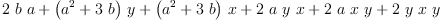 
\label{eq13}{2 \  b \  a}+{{\left({{a}^{2}}+{3 \  b}\right)}\  y}+{{\left({{a}^{2}}+{3 \  b}\right)}\  x}+{2 \  a \  y \  x}+{2 \  a \  x \  y}+{2 \  y \  x \  y}