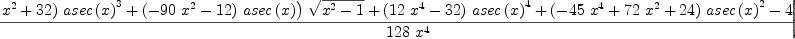 
\label{eq6}\frac{{{\left({{\left({{48}\ {{x}^{2}}}+{32}\right)}\ {{asec \left({x}\right)}^{3}}}+{{\left(-{{90}\ {{x}^{2}}}-{12}\right)}\ {asec \left({x}\right)}}\right)}\ {\sqrt{{{x}^{2}}- 1}}}+{{\left({{1
2}\ {{x}^{4}}}-{32}\right)}\ {{asec \left({x}\right)}^{4}}}+{{\left(-{{45}\ {{x}^{4}}}+{{72}\ {{x}^{2}}}+{24}\right)}\ {{asec \left({x}\right)}^{2}}}-{{45}\ {{x}^{2}}}- 3}{{128}\ {{x}^{4}}}
